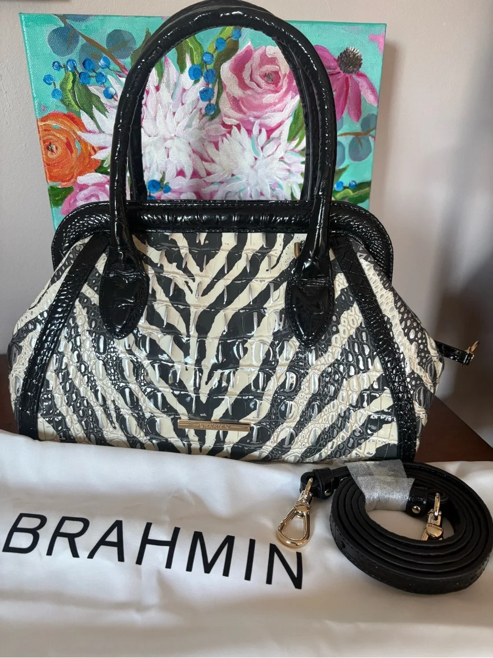 Brahmin Black & Cream Zebra-Print Croc-Embossed Satchel